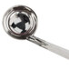 A stainless steel ladle with a handle.