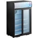 An Avantco black countertop display refrigerator with glass sliding doors.