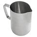 A Choice polished stainless steel frothing pitcher with a handle.