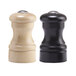 A black wooden pepper shaker and a natural wooden salt shaker with round tops.