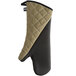 A brown and tan quilted oven mitt with black trim.