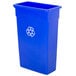 A blue rectangular Continental wall hugger recycle bin with a recycle symbol on it.