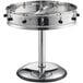 A stainless steel round order wheel holder with a pedestal base and black clips.