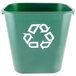 A green Rubbermaid recycling wastebasket with a white recycle symbol.