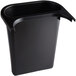 A black Rubbermaid oval plastic wastebasket with a handle.