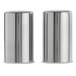 A pair of brushed stainless steel salt and pepper shakers.