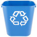 A blue Rubbermaid rectangular wastebasket with a white recycle symbol.