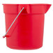 A close-up of a Rubbermaid red bucket with a metal handle.