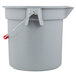 A gray Rubbermaid bucket with a red handle.