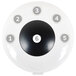 A white circular push-button with a black circle and numbers.