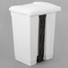 A white rectangular plastic trash can with black handles.