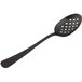 A black plastic spoon with holes on the bowl.