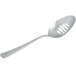 A Mercer Culinary stainless steel plating spoon with a slotted handle.