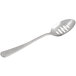 A Mercer Culinary stainless steel slotted bowl plating spoon with a perforated handle.