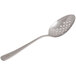 A close-up of a Mercer Culinary stainless steel perforated bowl plating spoon.