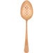 A close-up of a Mercer Culinary rose gold perforated plating spoon with a white background.