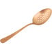 A close-up of a Mercer Culinary rose gold perforated plating spoon.