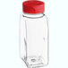 A clear plastic round bottle with a red dual flapper lid.