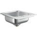 A square silver stainless steel Regency sink with a drain.