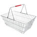 A chrome Regency metal shopping basket with red handles.