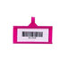 A pink label holder with a white background and barcode.