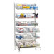 A Metro qwikSIGHT single sided metal shelving unit with six basket shelves holding various medical supplies.