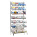 A Metro qwikSIGHT single-sided basket supply rack with seven shelves holding various items.