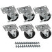 A group of four black 3" swivel plate casters with metal wheels and screws.