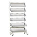 A white metal Metro qwikSIGHT basket supply rack with six shelves on wheels.