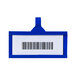 A blue rectangular plastic label holder with a white background and a bar code.
