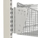 A metal basket on a white pole with wire shelves on top.
