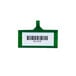 A green tag with a white barcode holder.