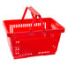 A Regency red plastic shopping basket with plastic handles.