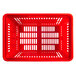 A red plastic shopping basket with white lines.