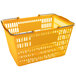 A yellow plastic shopping basket with metal handles.