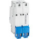 A white rectangular circuit breaker with blue and white wires.