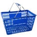 A blue plastic shopping basket with metal handles.