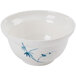 A white melamine bowl with blue bamboo design on the inside.