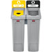 A Rubbermaid Slim Jim rectangular recycling station kit with yellow and grey lids on two trash cans.
