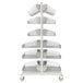 A white metal Metro qwikSIGHT basket supply rack on wheels with six levels of baskets.