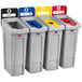 A Rubbermaid Slim Jim recycling station kit with 4 different colored lids.