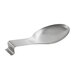 A silver stainless steel spoon rest with a spoon on it.