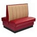 An American Tables & Seating double booth upholstered in red and tan with a red leather seat and tan background.