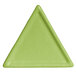 A close-up of a G.E.T. Enterprises lime green triangle shaped buffet platter.