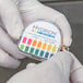 A hand holding a Hydrion pH test strip with a white background.