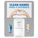 A Purell hand sanitizer floor stand with a blue and white sign that says "Clean Hands Make a Difference"