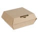 A brown corrugated clamshell take-out box with a lid.