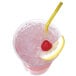 A glass of pink drink with a straw, lemon slice, and ice.