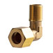 A brass gas elbow connector with a nut on the end.