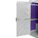 A purple and white PolyJohn wheelchair accessible portable restroom with a door.